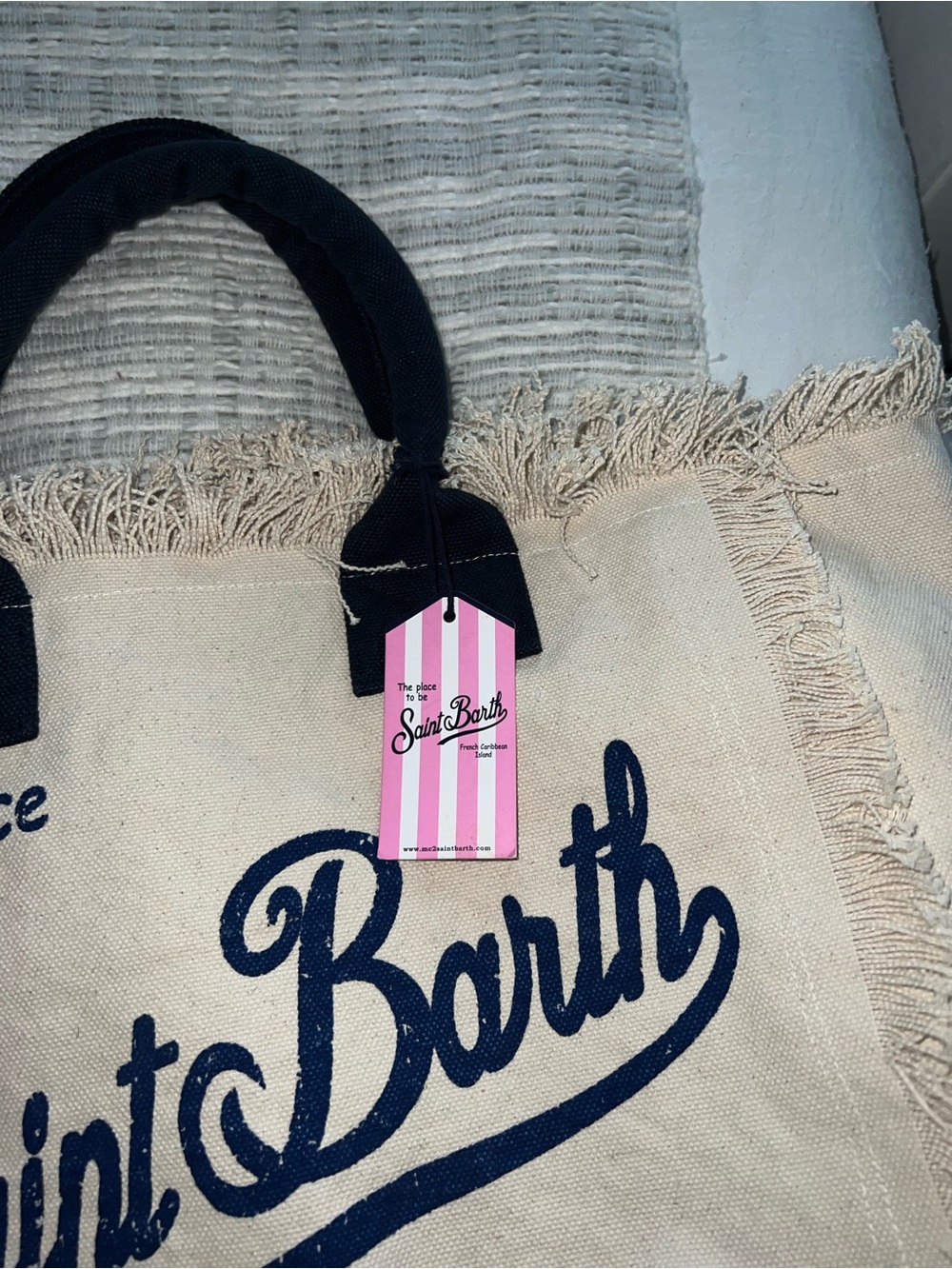 MC2 Saint Barth Canvas Tote Bag in Natural with Navy Print - Picture 9 of 10